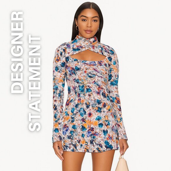 For Love & Lemons Blake Floral Cutout Mini Dress Multi M Long Sleeve Statement - Picture 3 of 16